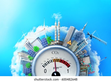 The Concept Of Environmental Pollution. City Around A Carbon Dioxide Sensor Against A Blue Sky. The Concept Of Safe Energy.