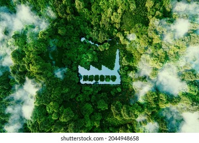 The Concept Of Environmentally Friendly Production. A Pond Shaped Like A Factory In The Middle Of A Lush Forest. 3d Rendering.