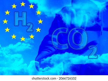 Concept Of The European Green Deal. It Includes Great Role Of Hydrogen In Decarbonizing The EU Economy. 3d Illustration