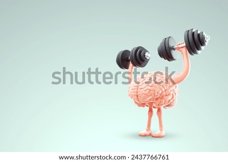 Concept of exercise for the brain, the brain is engaged in lifting dumbbells on a light background, education, brain power, high IQ. 3D render, copy space