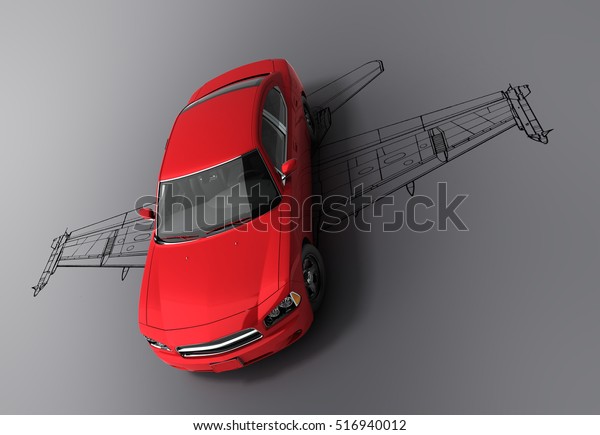 concept of fast cars red car\
with the silhouette of an airplane on the gray gradient floor 3d\
rendering