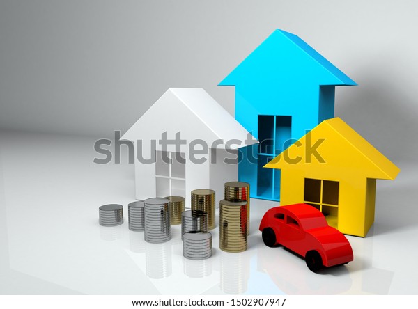 Concept of finance, banking, illustrations\
of houses, cars and coins, gold coins, representing various types\
of transactions, 3d\
rendering.\
\
