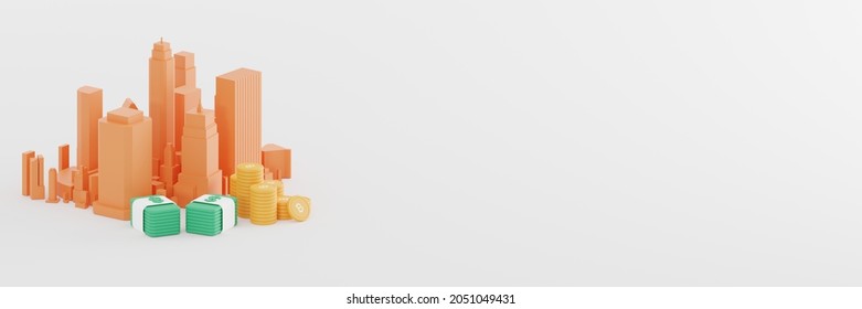 Concept of finance, doing business, saving money, trading, stocks, crypto, management. Orange mini-city. Lots of gold coins and 2 piles of money. White background image. 3D illustration. 3D rendering.