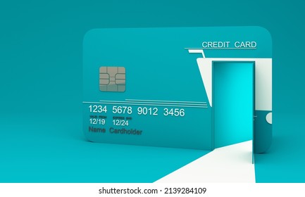 Concept Of Financial Opportunity Shopping Online Design On Green Credit Card Template Mockup Bank Credit Card With Green Open Door On Card Isolate On Green Background With Copy Space 3d Rendering 