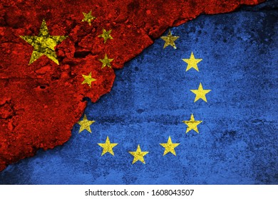 Concept Of The Flags Of The Peoples Republic Of China And The European Union On A Wall