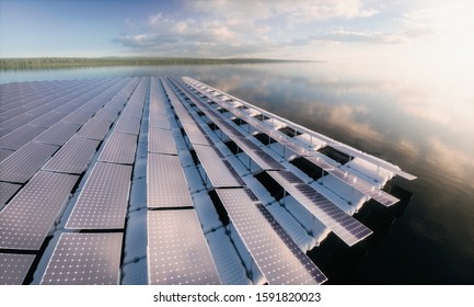 Concept of a floating solar panel array in beautifull calm morning lake with distant wild forest in background. 3d rendering.