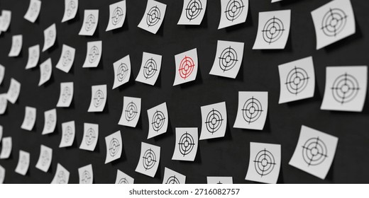 Concept Of Focus And Precision In Decision Making. Many Target Icons On White Sticky Notes With One Red Center Highlighted On Dark Background. 3D Rendering