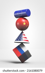 The Concept Of A Fragile, Vulnerable, Unstable World Order. Geopolitical Theme Illustration. Geometric Figures With State Symbols Balance On Each Other. 3d Rendering