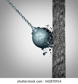 Concept of fragility and strength and resistance as a failing wrecking ball breaking apart after hitting a solid cement wall as a fragile metaphor with 3D illustration elements.