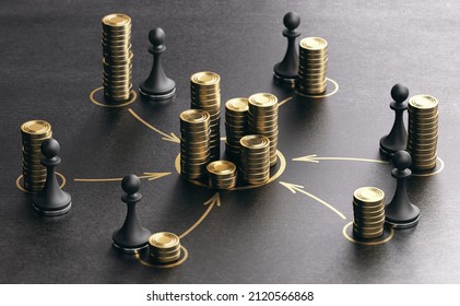 Concept Of Funding, Financing Business Project. 3D Illustration Of Generic Golden Coins And Pawns Over Black Background.