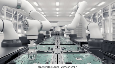 Concept future. High Precision Robot Arms. Bright Electronics Factory. Fully Automated Modern PCB Assembly Line. Component Installation circuit Board. Electronic Devices Production Industry. 3d render