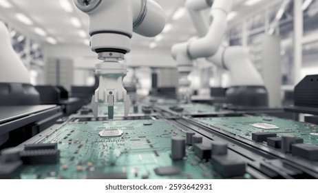 Concept future. High Precision Robot Arms. Bright Electronics Factory. Fully Automated Modern PCB Assembly Line. Component Installation circuit Board. Electronic Devices Production Industry. 3d render