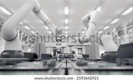 Concept future. High Precision Robot Arms. Bright Electronics Factory. Fully Automated Modern PCB Assembly Line. Component Installation circuit Board. Electronic Devices Production Industry. 3d render
