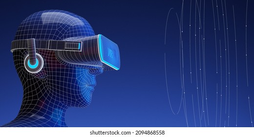 Concept of future metaverse and vr technology engineers.3d rendering illustration design character automaton blue background for networking, innovation, online communication.