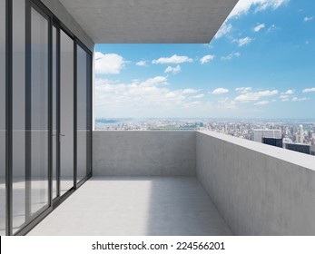 A Concept Of Future Perspectives In Empty Modern Balcony. City View.