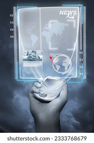 A concept of future technology with a man holding a PDA projecting a screen.