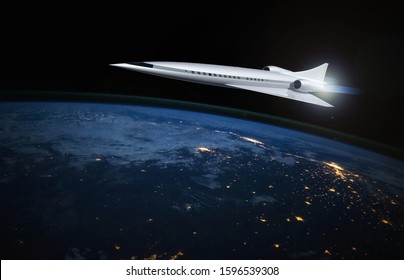 Concept Of A Futuristic Hypersonic Passenger Aircraft. Air Transport Of The Future. Space Tourism. 3D Rendering Image. Elements Of This Image Furnished By NASA