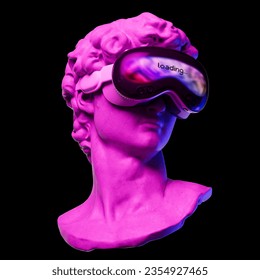 Concept futuristic illustration from 3D rendering of white marble classical head sculpture with black virtual reality visor headset isolated on background. - Powered by Shutterstock