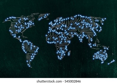 concept of global communications and connectivity: world map made of electronic microchip circuits and led lights