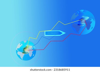 concept of global electronic commerce with the indication ecommerce and coins that relate two globes