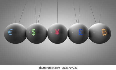 The Concept Of The Global Financial System. Newton's Pendulum With Euro, Dollar, Yuan, Pound Sterling And Bitcoin Symbols.  3d Rendering