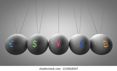 The Concept Of The Global Financial System. Newton's Pendulum With Euro, Dollar, Yuan, Pound Sterling And Bitcoin Symbols. 3d Rendering