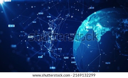 concept of global internet network connection technology. The world on the right has a binary code polygon and a small icon on a dark blue background. Cybersecurity protects the Internet of Things.