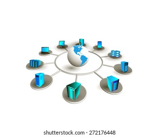 Concept of Global system integration. This image illustrates, how different enterprise business servers are connected each other and accessed worldwide through mobile, web, desktop applications.