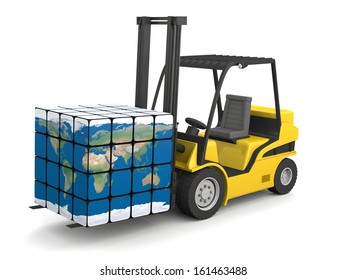 Concept Of Global Transportation, Modern Yellow Forklift Carrying Planet Earth In Form Of Cube, Isolated On White Background. Elements Of This Image Furnished By NASA.