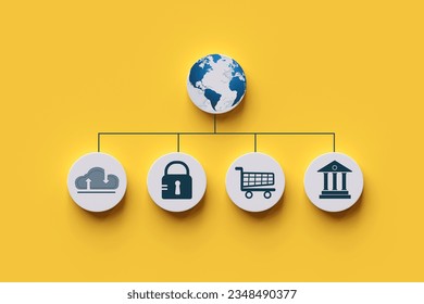 Concept of globally connected technology network for business in the modern era of service, storage online, trading, and financial transactions