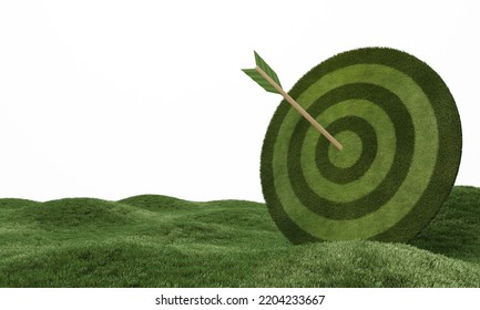 Concept Of Goal Target Business Marketing. Arrow Hitting In The Green Target Center Of The Archery Target Or Bullseye On White Background. 3d Illustration