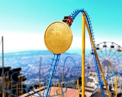 Concept Of A Golden Bitcoin That Rides On A Roller Coaster, A Rate Fluctuations Allusion, On A Blurred Background Of Theme Park, 3d Illustration