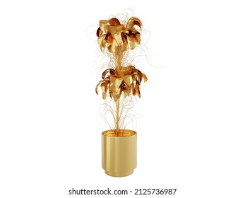 The Concept Of A Golden Plant In A Pot Insulated On A White Background