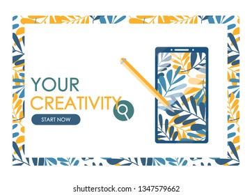 The concept of graphic courses. Drawing lessons on the tablet. Design studio, designing, drawing, graphic design, creativity, ideas. Website landing page