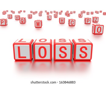 A concept graphic depicting four toy blocks with the word "loss" written on it. Rendered against a white background with a soft shadow and reflection.