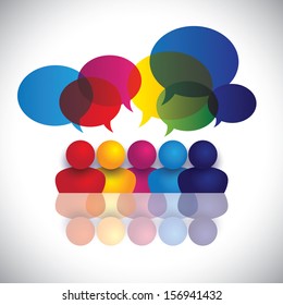 Concept Graphic Of School Kids Talking Or Office Staff Meeting. The Graphic Also Represents Global Conference, Social Media Interaction And Engagement, Children Talking In School, Employee Discussions