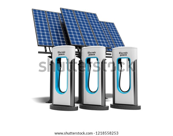 Concept green electro refill with\
solar panels 3d render on white background with\
shadow