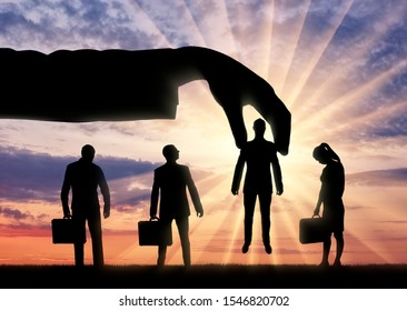 Concept Of A Hiring Process. Silhouette Of A Group Of People, Candidates For The Post. Hand Boss Chose One Man