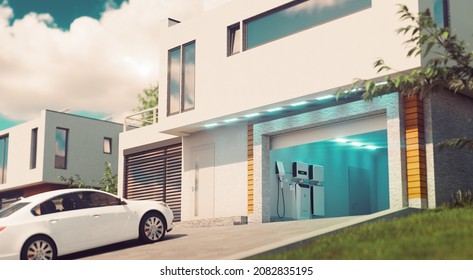 A Concept For A Home Battery System For Solar Energy Storage And Powering Electric Vehicles. A Modern House With An Open Garage And A Car In The Afternoon Light. 3d Rendering.