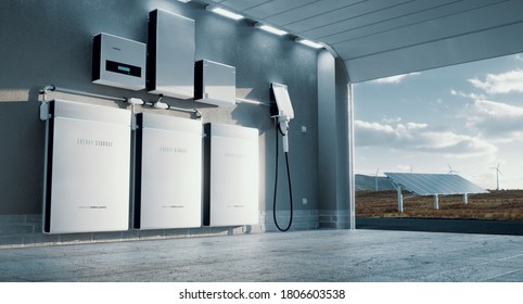 Concept Of A Home Energy Storage System Based On A Lithium Ion Battery Pack Situated In A Modern Garage With  View On A Vast Landscape With Solar Power Plant And Wind Turbine Farm. 3d Rendering.