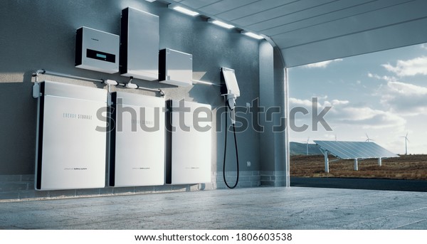 Concept of a home energy storage system based
on a lithium ion battery pack situated in a modern garage with 
view on a vast landscape with solar power plant and wind turbine
farm. 3d
rendering.