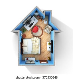 Concept Of Home. Flat Full Of Things In Form Of House In Top View. Rent, Buy And Realization Concept.