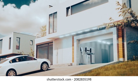 A concept for a home hydrogen system to store solar energy and power electric and hydrogen cars. A modern house with an open garage and a car in the afternoon light. 3d rendering.