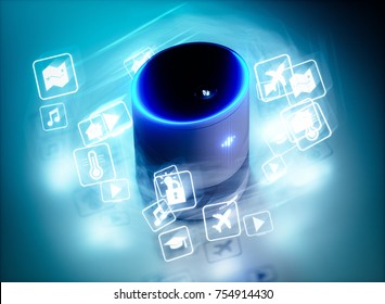 Concept Of Home Intelligent Voice Activated Assistant With Voice Command Icons. 3D Rendering Concept Of Hi Tech Futuristic Artificial Intelligence Speech Recognition Technology.