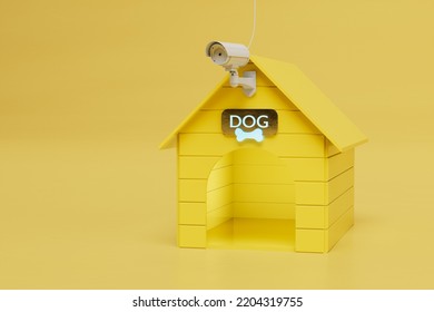 The Concept Of Home Security. Security Camera On A Dog Kennel On A Yellow Background. Copy Paste. 3D Render.