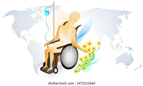 Concept of hospice / palliative care and humanization in health. Happy patient in wheelchair (terminal illness) outdoors with flowers. World back - Powered by Shutterstock