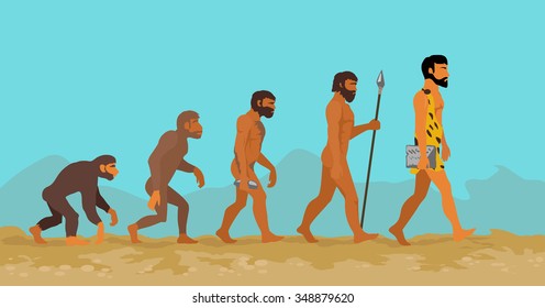 Concept Of Human Evolution From Ape To Man. Man Evolution. Development Progress, Primate Growth, Ancestor And Mankind, Caveman And Neanderthal Mammal Generation. Neanderthal And Monkey. Raster Version