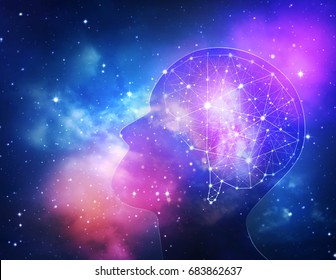 Concept Of Human Intelligence With Human Brain  Inside The Universe Background.