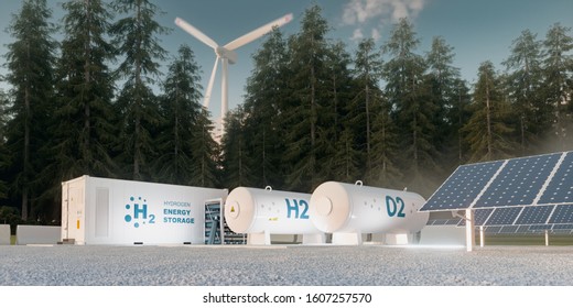 Concept Of Hydrogen Energy Storage From Renewable Sources - Wind Turbines And Photovoltaics. 3d Rendering