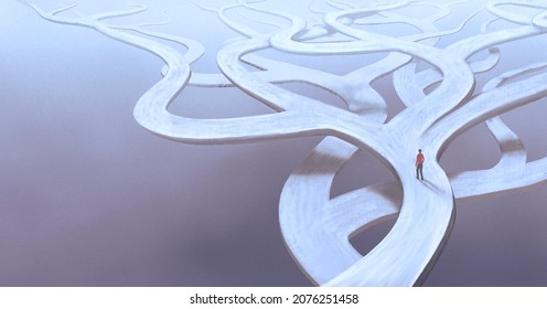 Concept idea art of  choice success hope dream way and motivation. surreal landscape painting. A lost man with floating road , imagination artwork, conceptual illustration, mystery scenery - Powered by Shutterstock